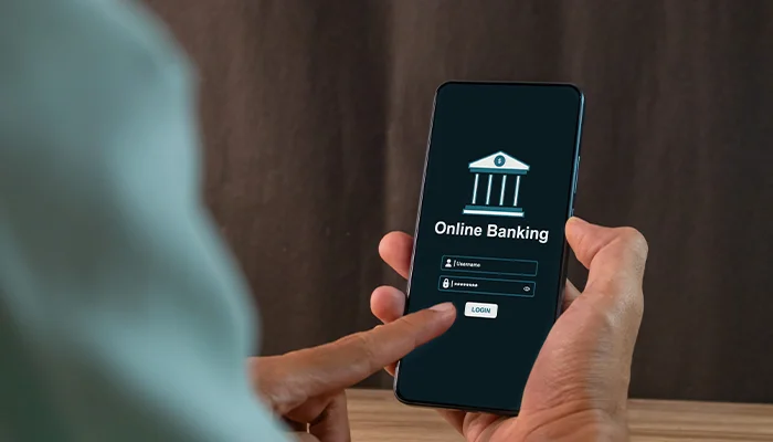 banking app for online banking man entering password on his banking app